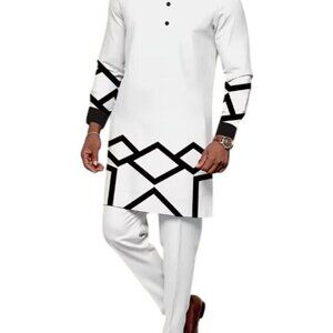 African Formal Dashiki Vibrant White Shirt & Pant Suit Traditional Dress Outfit